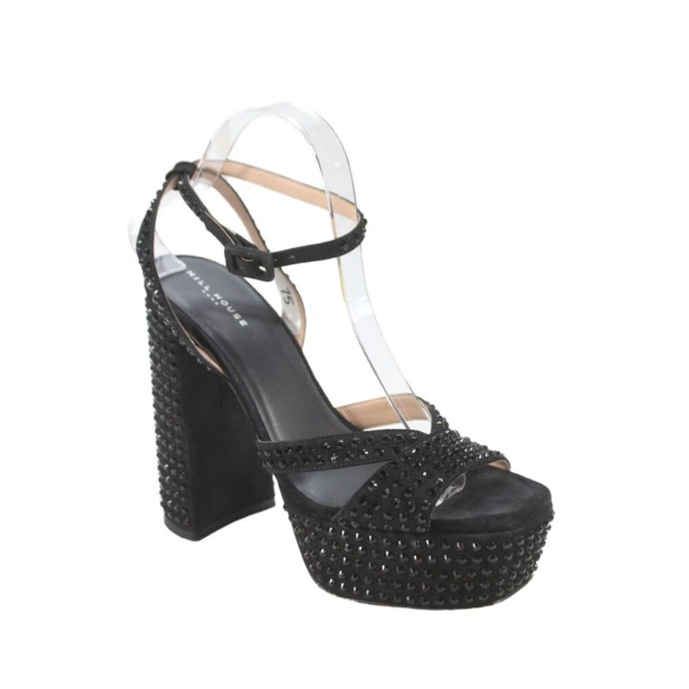 Hill House Womens Block Heel Platform Crystal Ankle Strap Sandals Black Size 40